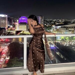 Revolve brand Brown Polka Dot Scarf-Neck Halter Midi Dress